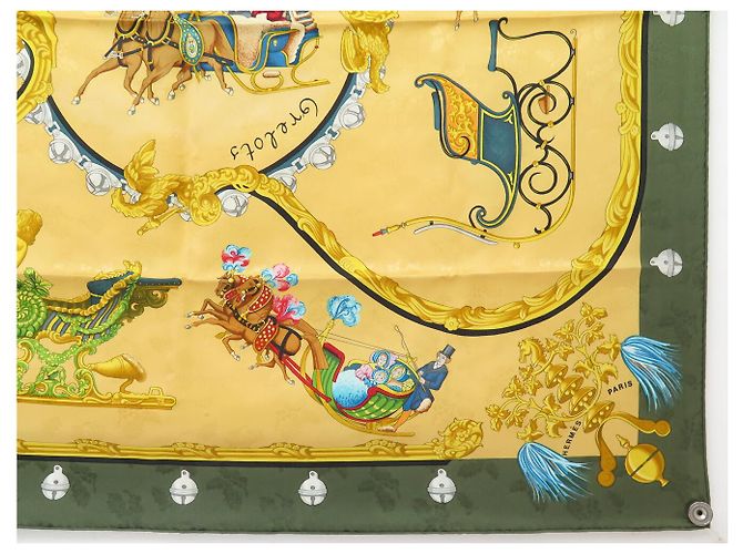 Hermès FOULARD VINTAGE HERMES PLUMES & GRELOTS 1ª EDIZIONE CARRE 90 SETA BROCCATA Verde - vista 4