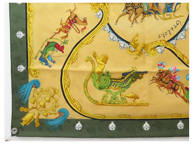 Hermès FOULARD VINTAGE HERMES PLUMES & GRELOTS 1ª EDIZIONE CARRE 90 SETA BROCCATA Verde - vista 5