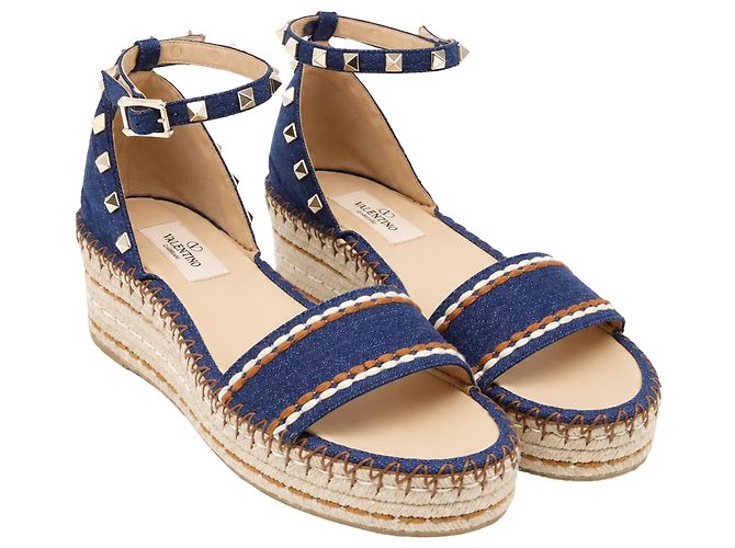 Sandali platform Valentino Garavani Rockstud in denim di cotone blu - vista 3