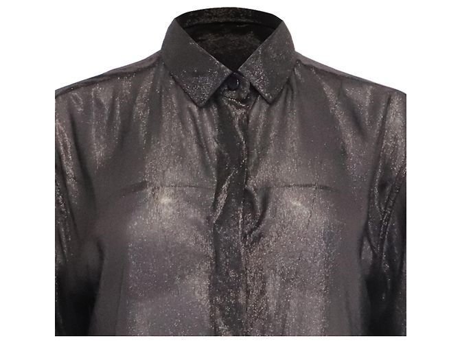 Autre Marque Saint Laurent Langarmbluse aus schwarzer Seide mit Glitzer-Akzenten - Ansicht 2