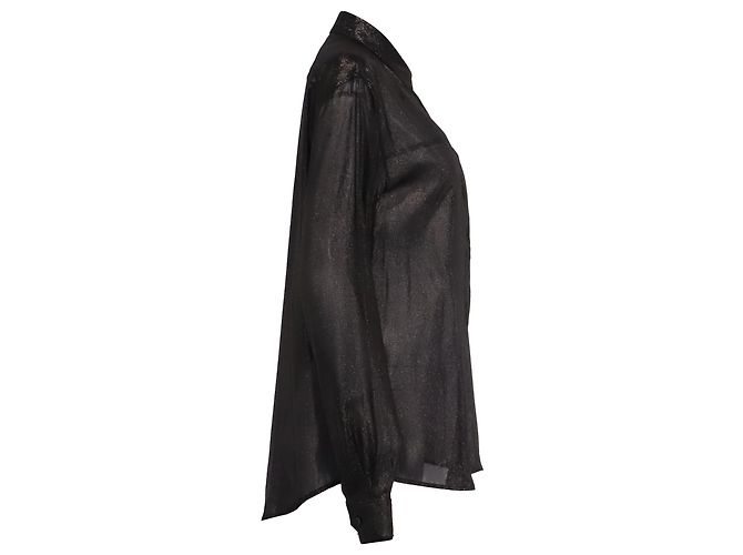 Autre Marque Saint Laurent Langarmbluse aus schwarzer Seide mit Glitzer-Akzenten - Ansicht 3