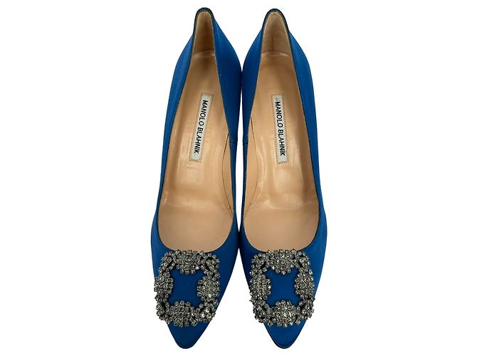 Décolleté Manolo Blahnik Hangisi Embellished in raso blu - vista 3