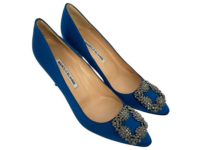 Décolleté Manolo Blahnik Hangisi Embellished in raso blu - vista 5