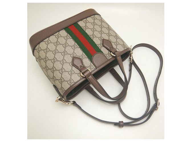 Mala Tote Gucci Small GG Supreme tela e couro bege - vista 3