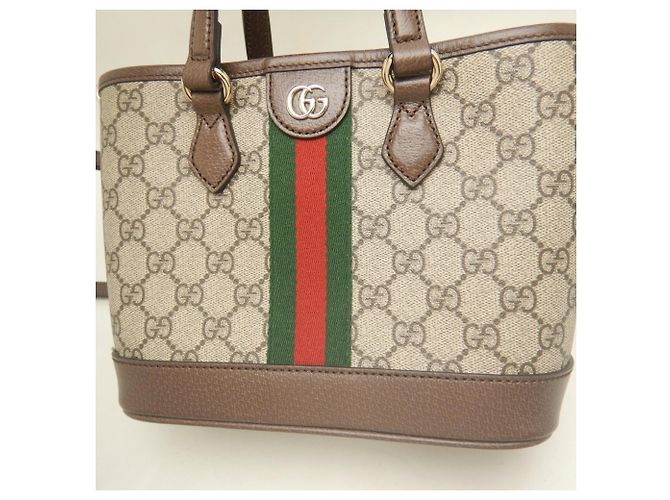 Mala Tote Gucci Small GG Supreme tela e couro bege - vista 6