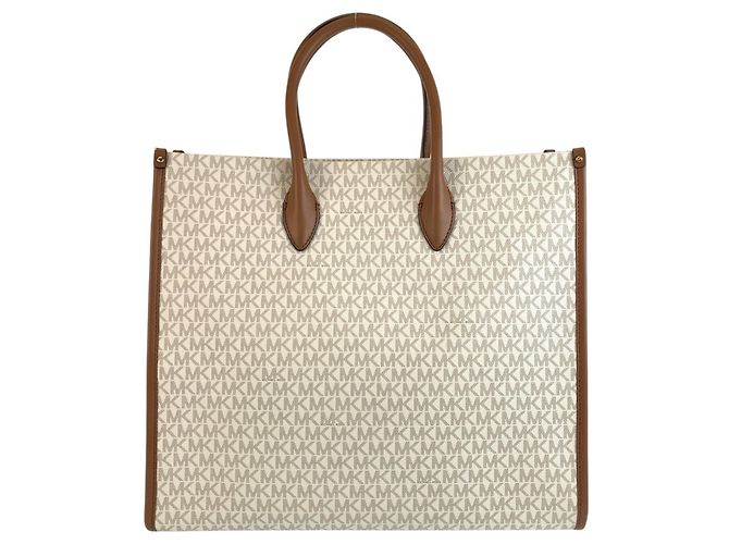 Borsa Tote Michael Kors MK Signature Mirella Marrone Bianco - vista 2