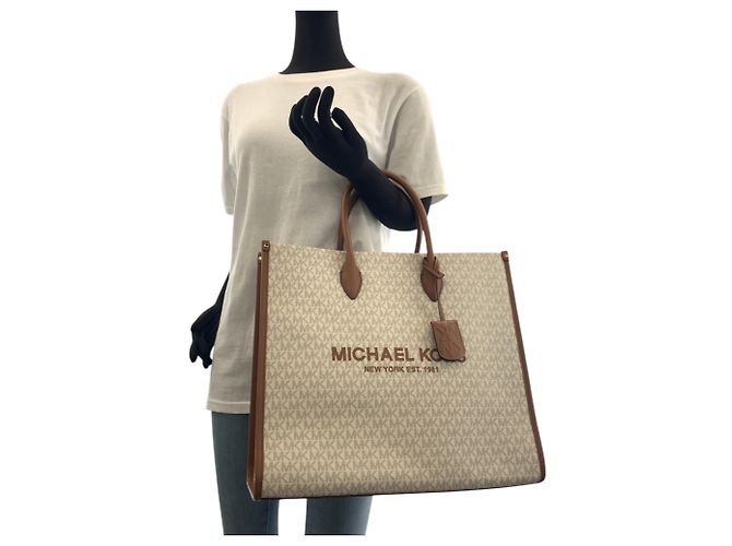 Borsa Tote Michael Kors MK Signature Mirella Marrone Bianco - vista 6