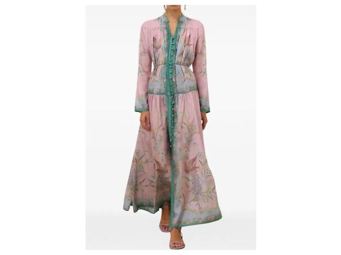 Zimmermann Abito Maxi Indra in Seta Stampata Rosa Blu D'oro Verde - vista 10