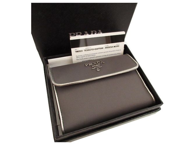 Portefeuille à double pression Prada en cuir Saffiano et Tessuto Marron Argenté - vue 2