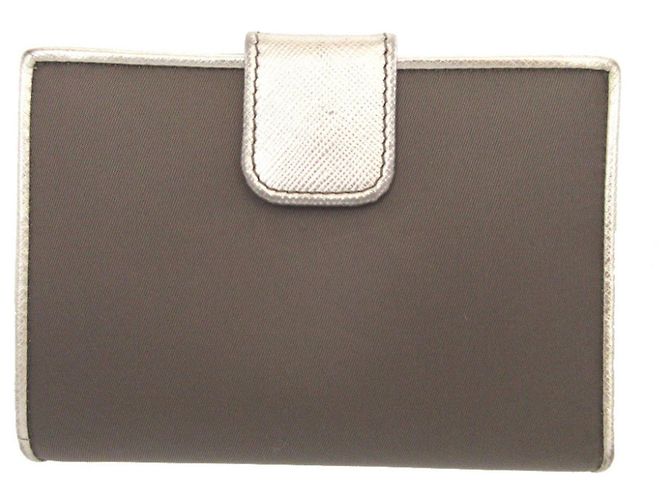 Portefeuille à double pression Prada en cuir Saffiano et Tessuto Marron Argenté - vue 3