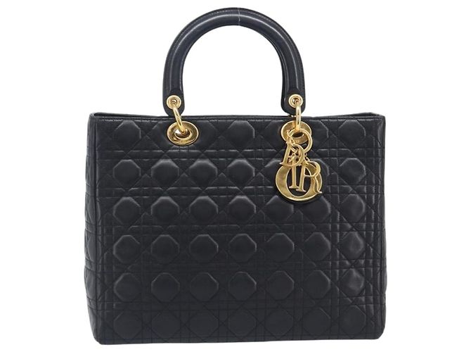 Christian Dior Cannage Lady Dior Large Hand Bag Lamb Skin Black Auth 207683V Nero - vista 13