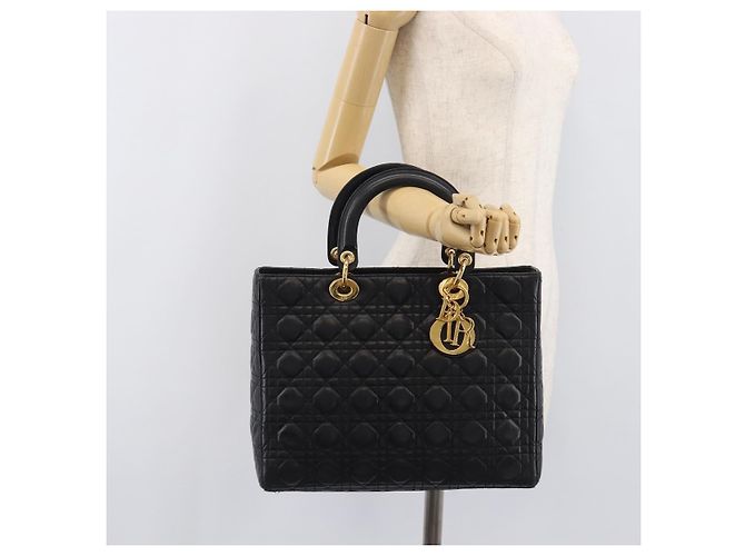 Christian Dior Cannage Lady Dior Large Hand Bag Lamb Skin Black Auth 207683V Nero - vista 25