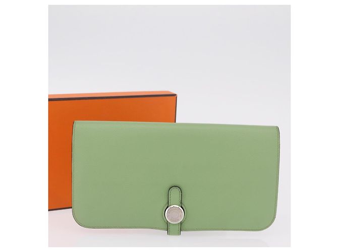 Hermès Portafoglio Lungo HERMES Dogon in Pelle Verde Argento Auth 206778M - vista 12
