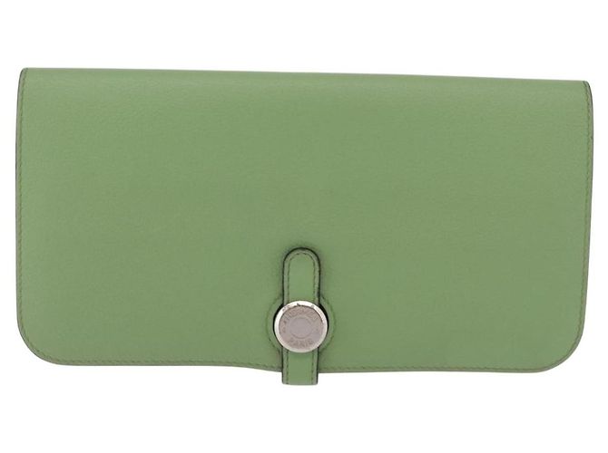 Hermès Portafoglio Lungo HERMES Dogon in Pelle Verde Argento Auth 206778M - vista 13