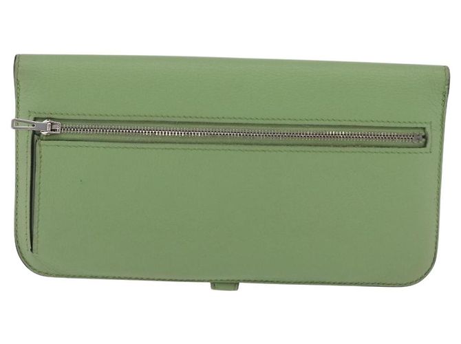 Hermès Portafoglio Lungo HERMES Dogon in Pelle Verde Argento Auth 206778M - vista 2