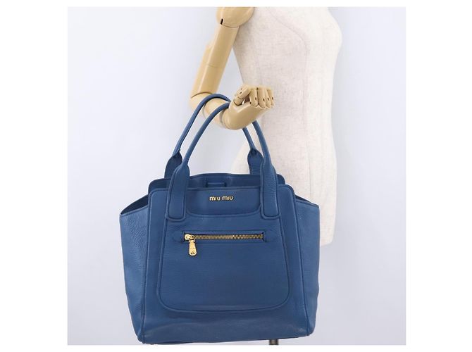 Saco Tote Miu Miu Couro Azul Ouro Auth 206248A Dourado - vista 30