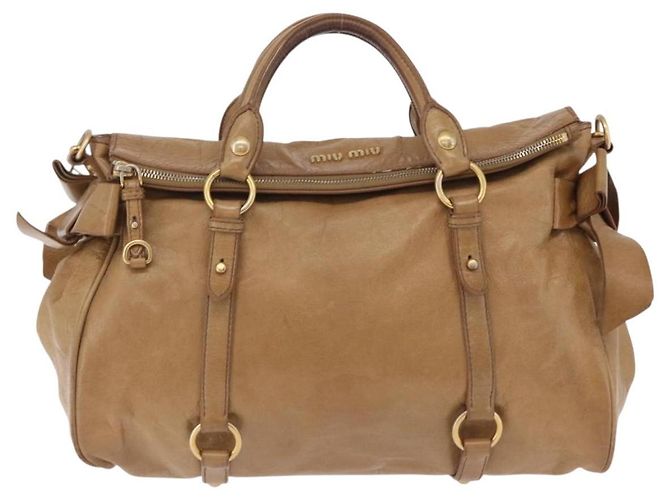 Bolsa de mão Miu Miu em couro 2way Bege Gold Auth 167657M Dourado - vista 13