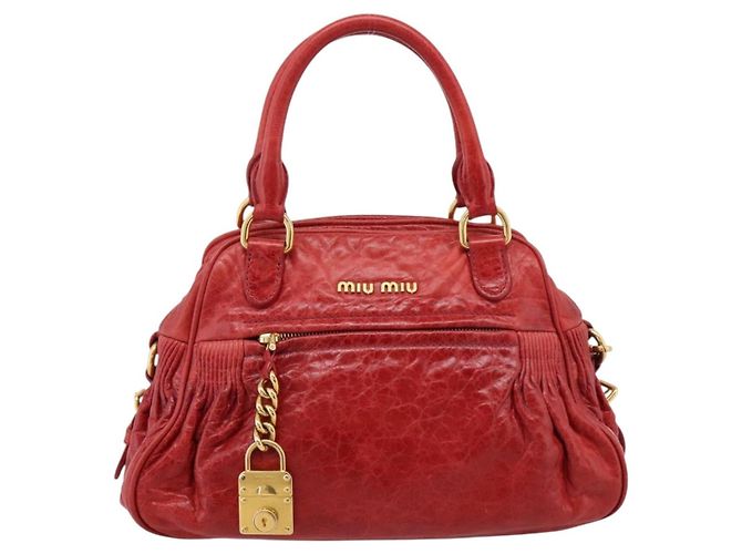 Miu Miu Hand Bag Leather 2way Red Gold Auth 205034V Golden - view 13