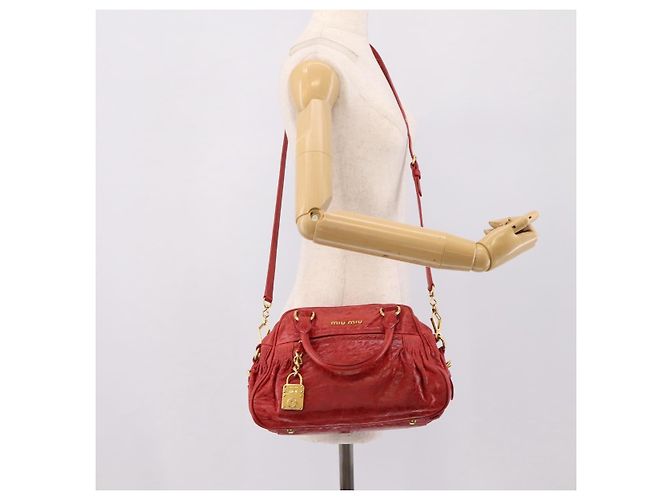 Miu Miu Hand Bag Leather 2way Red Gold Auth 205034V Golden - view 27