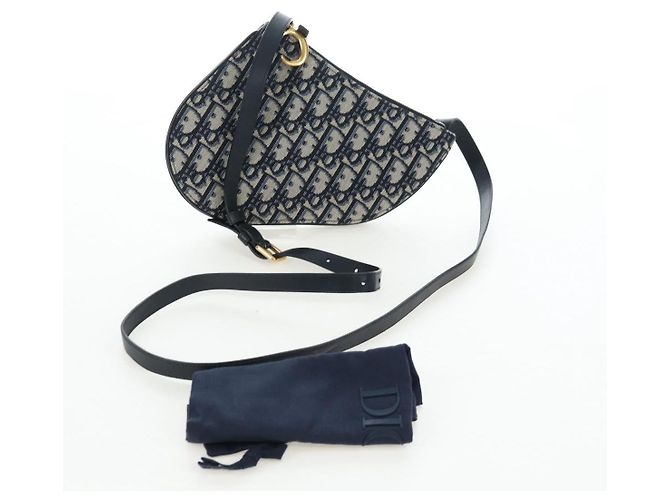 Borsa a tracolla Christian Dior Trotter Canvas Saddle Navy Gold Auth 206735V D'oro Blu navy - vista 12