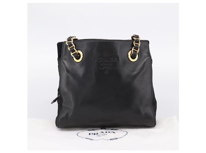 PRADA Chain Tote Bag aus Leder und Nylon Schwarz Gold Auth am12698V Golden - Ansicht 12