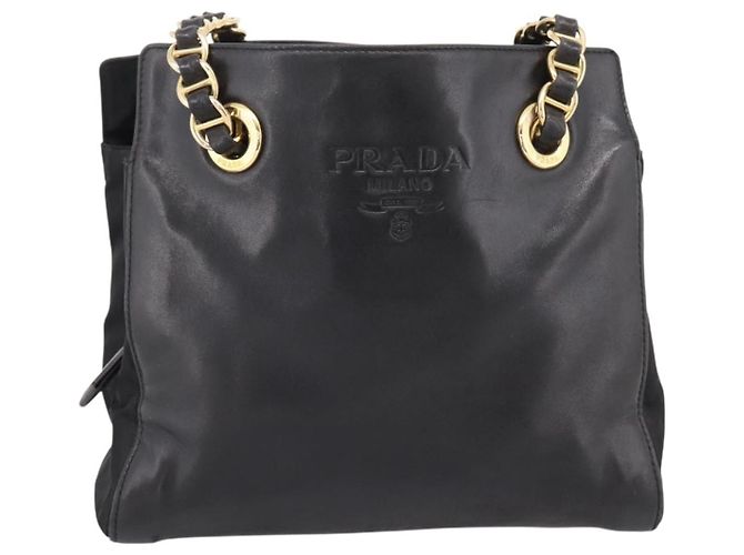 PRADA Chain Tote Bag aus Leder und Nylon Schwarz Gold Auth am12698V Golden - Ansicht 13