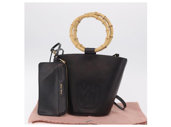 Bolso de mano Miu Miu con asa de bambú en cuero 2way Negro Oro Auth 206928M Dorado - vista 12