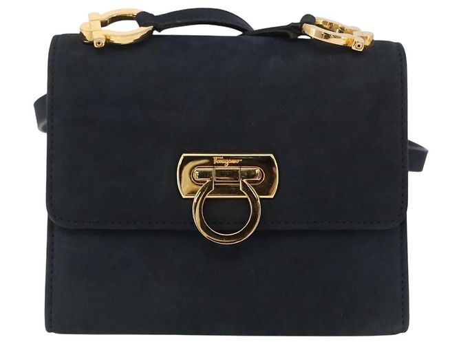 Borsa a tracolla Salvatore Ferragamo Gancini in camoscio blu navy e tono oro Auth ka6530A - vista 13