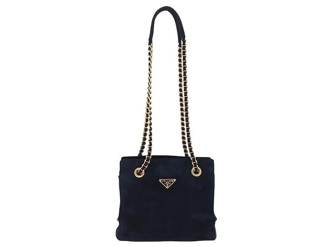 Borsa Tote a Tracolla con Catena PRADA Camoscio Navy Gold Auth 207632V D'oro Blu navy - vista 13
