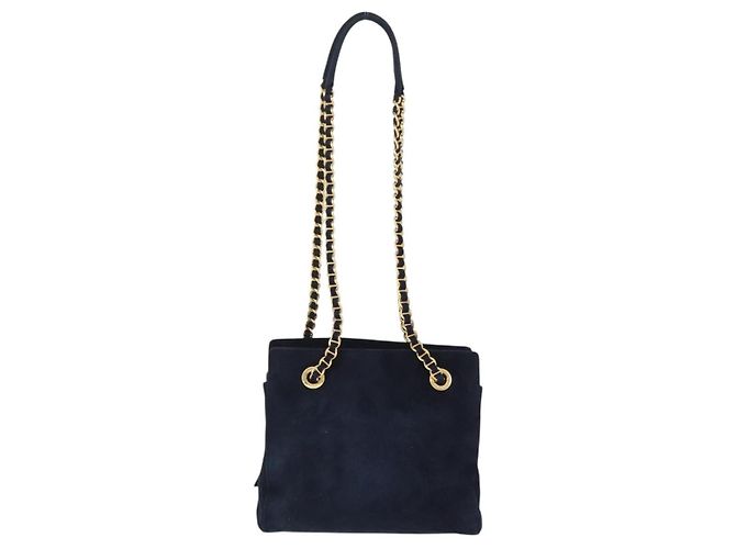 Borsa Tote a Tracolla con Catena PRADA Camoscio Navy Gold Auth 207632V D'oro Blu navy - vista 2