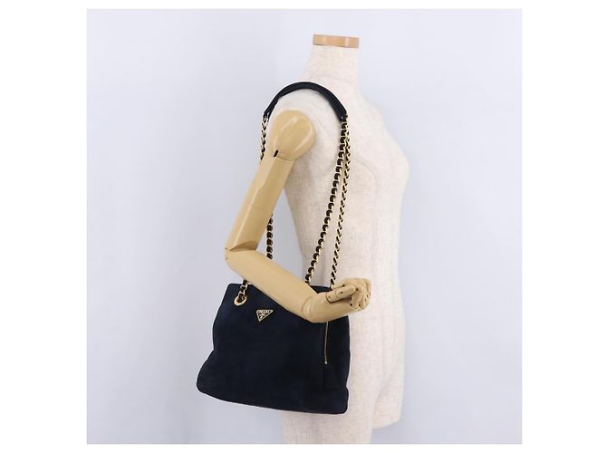 Borsa Tote a Tracolla con Catena PRADA Camoscio Navy Gold Auth 207632V D'oro Blu navy - vista 29