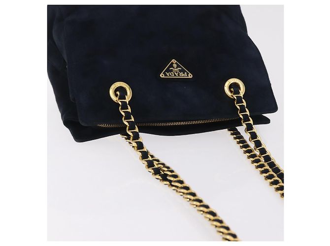 Borsa Tote a Tracolla con Catena PRADA Camoscio Navy Gold Auth 207632V D'oro Blu navy - vista 6
