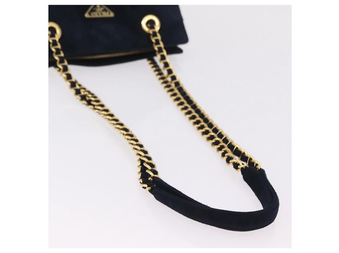 Borsa Tote a Tracolla con Catena PRADA Camoscio Navy Gold Auth 207632V D'oro Blu navy - vista 7