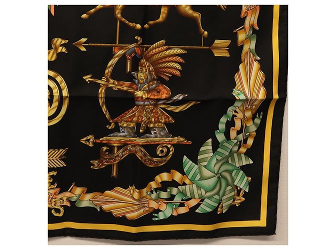 Hermès Pañuelo HERMES Carre 90 Seda Negro Amarillo Auth ki6865M - vista 10