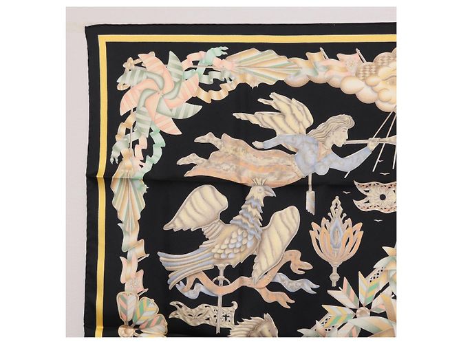 Hermès Pañuelo HERMES Carre 90 Seda Negro Amarillo Auth ki6865M - vista 14