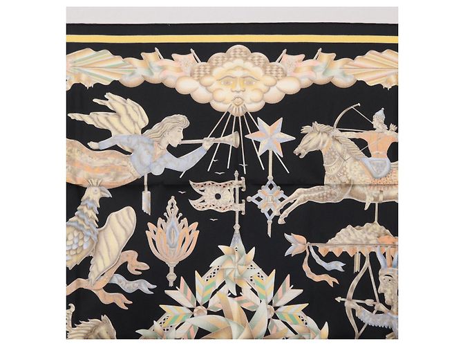 Hermès Pañuelo HERMES Carre 90 Seda Negro Amarillo Auth ki6865M - vista 15