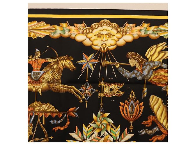 Hermès Pañuelo HERMES Carre 90 Seda Negro Amarillo Auth ki6865M - vista 3