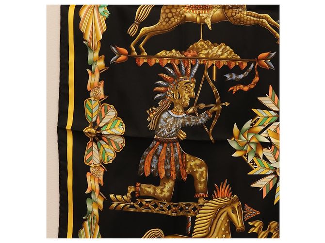 Hermès Pañuelo HERMES Carre 90 Seda Negro Amarillo Auth ki6865M - vista 5