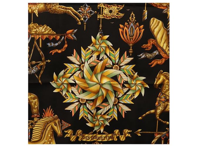 Hermès Pañuelo HERMES Carre 90 Seda Negro Amarillo Auth ki6865M - vista 6