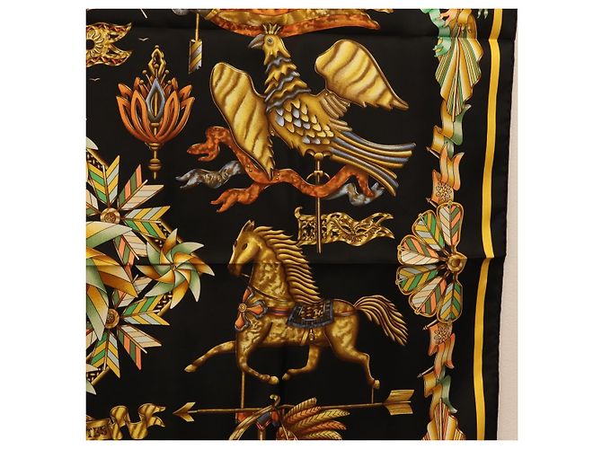 Hermès Pañuelo HERMES Carre 90 Seda Negro Amarillo Auth ki6865M - vista 7