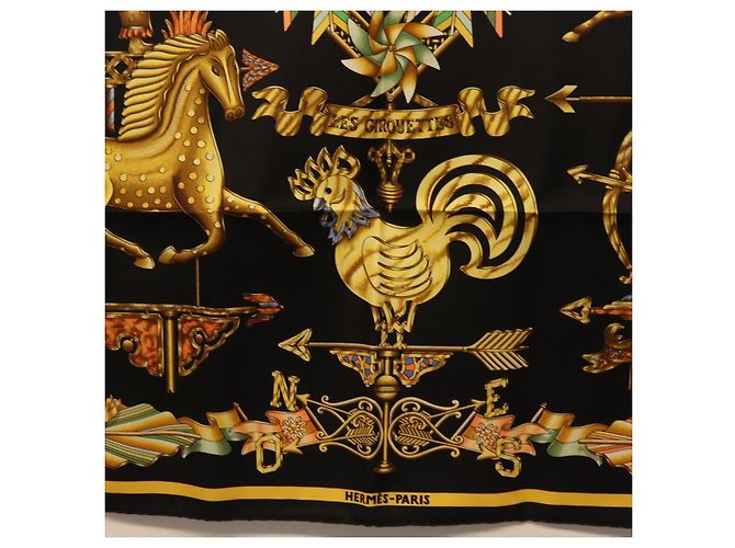 Hermès Pañuelo HERMES Carre 90 Seda Negro Amarillo Auth ki6865M - vista 9