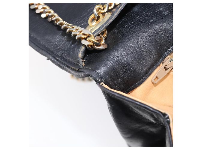 Céline Bolsa de Ombro com Corrente CELINE Couro Preto Ouro Auth 205176 Dourado - vista 10