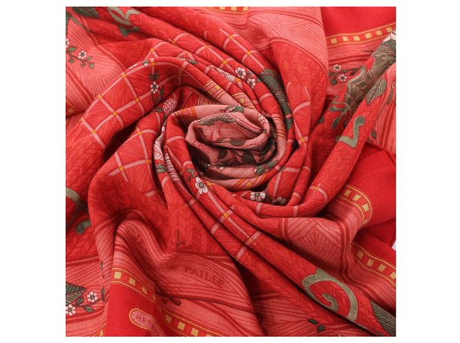 Hermès Carré 90 "JEUX DE PAILLE" Kaschmir x Seidentuch in Rot - Ansicht 15