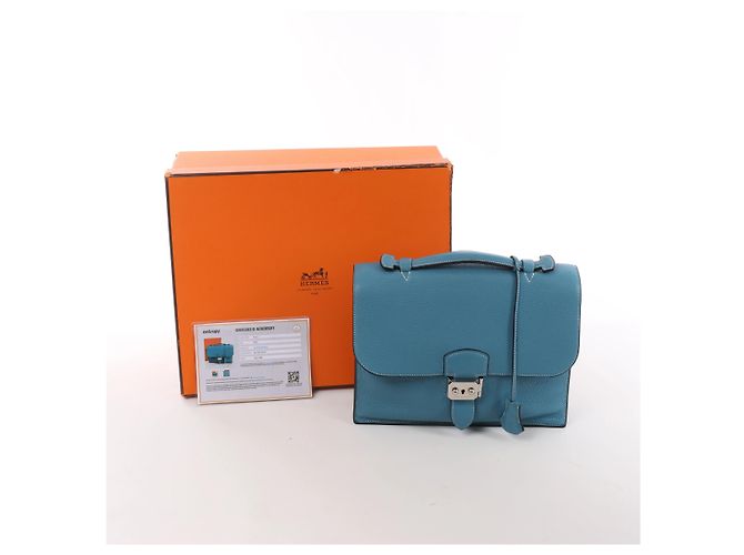 Hermès Sac à Dépêches 27 Taurillon Clemence Handbag in Blue Jean L: 2008 - vista 14