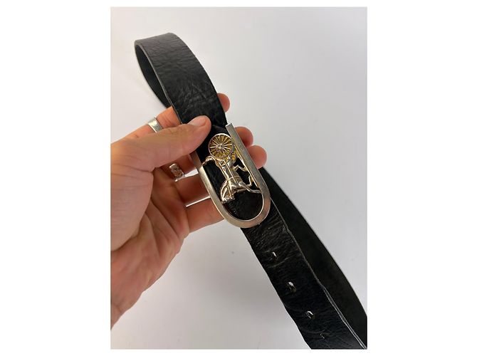 Céline Vintage Celine Ledergürtel mit Pferde- und Wagen-Schnalle c. 1970s Schwarz - Ansicht 2