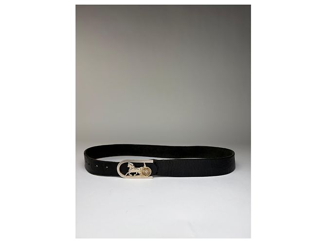 Céline Vintage Celine Ledergürtel mit Pferde- und Wagen-Schnalle c. 1970s Schwarz - Ansicht 9
