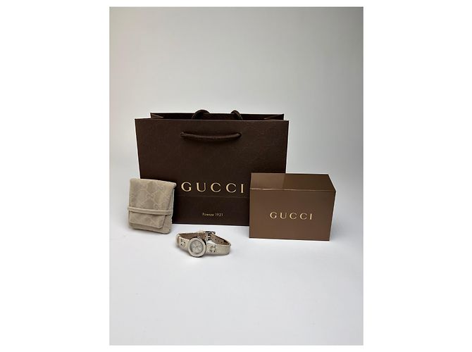 Vintage Gucci Armbanduhr mit Lederarmband c. 2000s Cream Silver - Ansicht 2