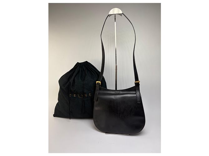 Céline Vintage Celine Schultertasche mit Klappe c. 1995 Black Gold Schwarz - Ansicht 10