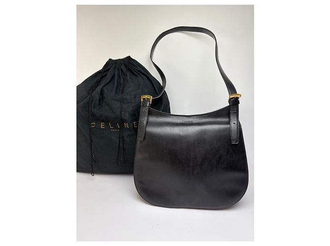 Céline Vintage Celine Schultertasche mit Klappe c. 1995 Black Gold Schwarz - Ansicht 11