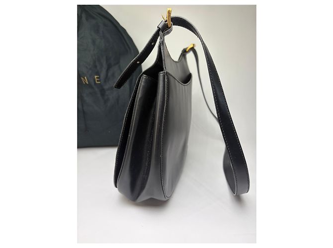 Céline Vintage Celine Schultertasche mit Klappe c. 1995 Black Gold Schwarz - Ansicht 14